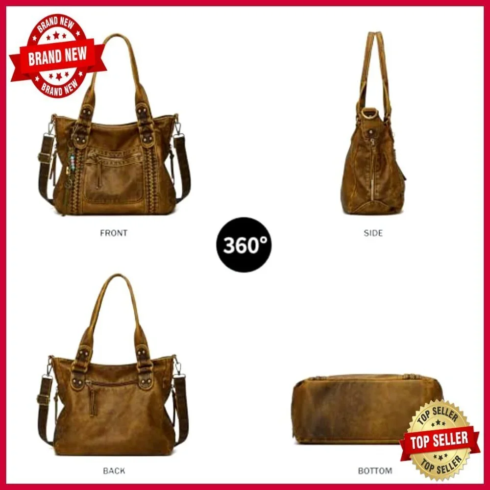 Large Soft Leather Crossbody Tote Hobo Bag with Multiple Pockets